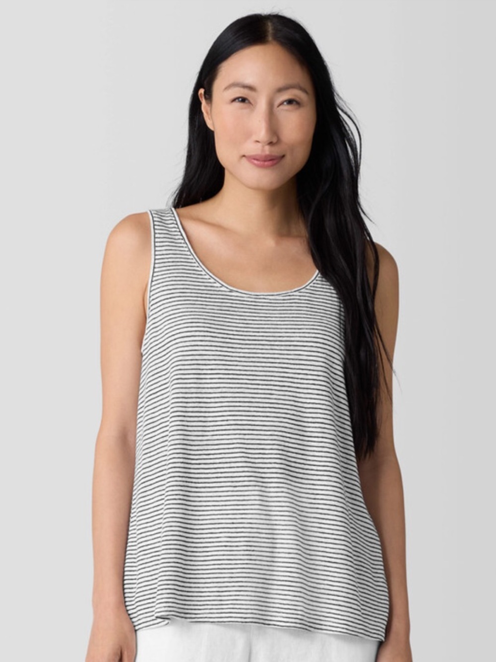 Eileen Fisher Navy and White Striped Scoop Neck Linen Tank sz M petite